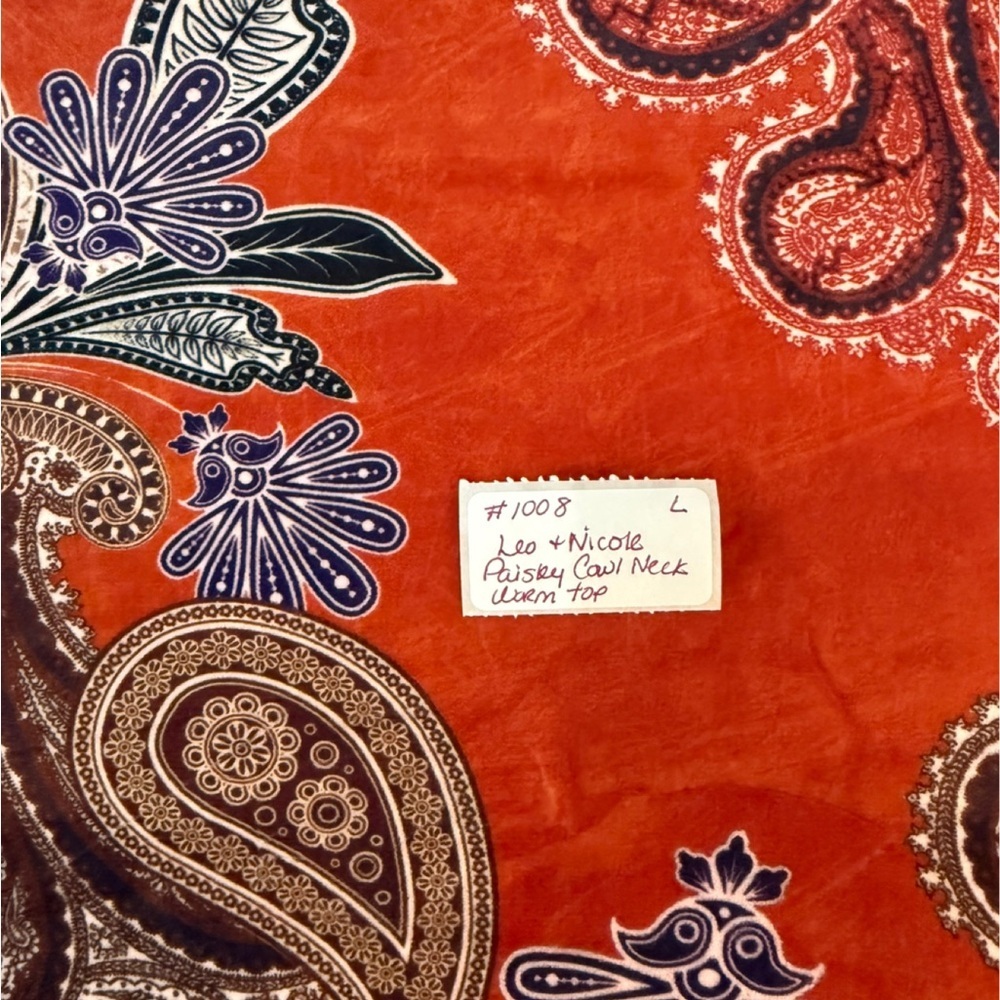 Leo & Nicole Rust Orange and Blue Paisley Cowl Neck Sweater. Large - Picture 8 of 8